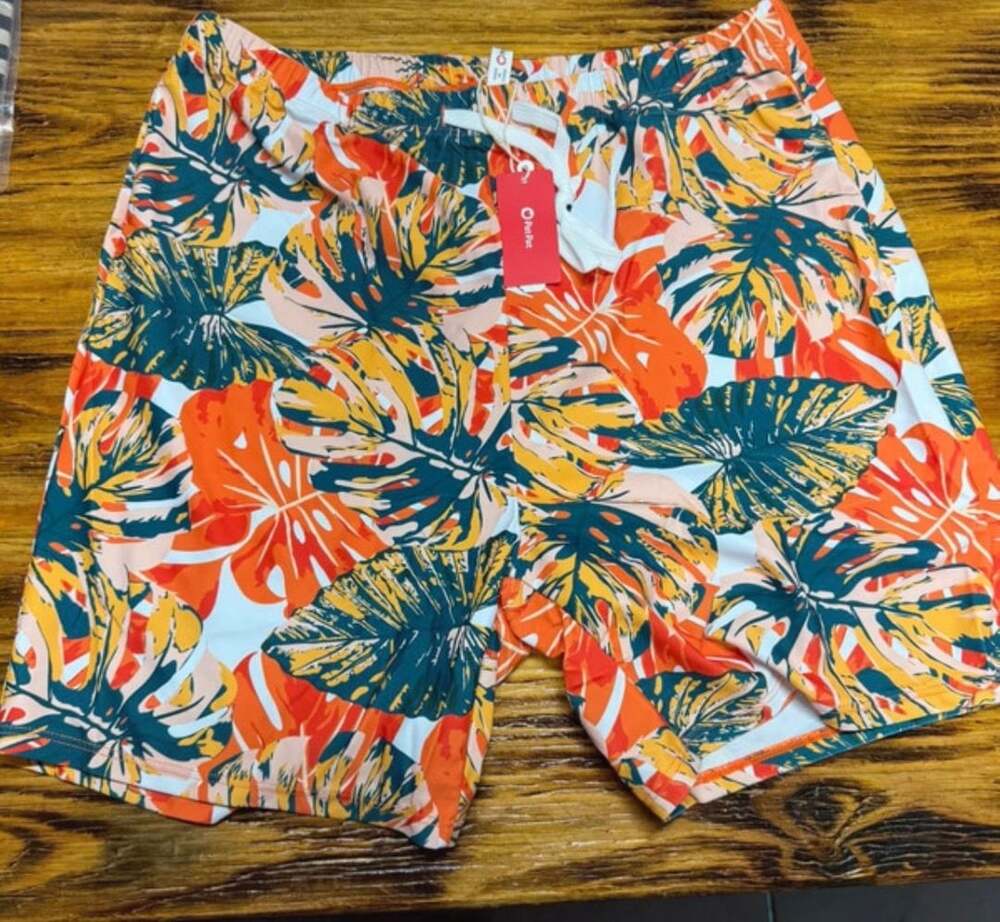 PatPat Men's Tropical Print Board Shorts Orange Leaf Swim Trunks Size L
